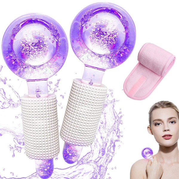 Anyangjia Ice Globes for Face,2Pcs Facial Ice Globes Face Massage Ice Roller Ball for Face and Eyes with 1 Adjustable SPA Facial Headband (Purple)