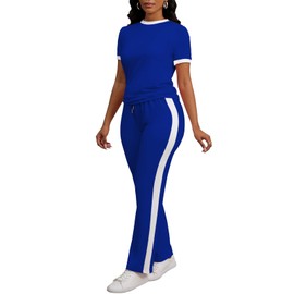 PINSV Women's 2 Piece Outfits Short Sleeve Tops Sweatpants Colorblock Bodycon Lounge Sets Tracksuits Blue XXL1