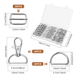 Pack of 60 Bag Accessories for Sewing, Rotating Carabiner Hooks with Swivel, Key Ring D-Rings, Half Rings Strap Adjuster Set, Metal Buckles Sliders, for Handbags, Backpack Repair, silver