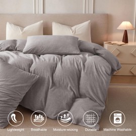 BFS HOME Linen Duvet Cover Queen Size - Soft Breathable Cotton Linen Blend, 3-Pieces Bedding Set with 2 Pillowcases, Stonewashed Texture, Grayish Purple, All-Season Comfort