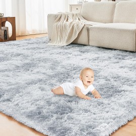 OPPODREAM Area Rugs 8x10 for Living Room, Ultra Soft Nursery Rugs for Bedrooms, 8 x 10 Fluffy Kids Carpet with 0.4" Thick Non-Slip Backing, Long Pile Shag Carpet, Fuzzy, Shaggy, Tie-dye Light Grey