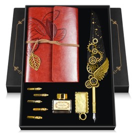 GrnVibe Quill Pen and Ink Set Antique Calligraphy Pen Set with Feather Pen,Leather Notebook for Writing,5 Replaceable Nibs,Pen Holder,Ink,Calligraphy Pens for Beginners Vintage Decor Gift Set