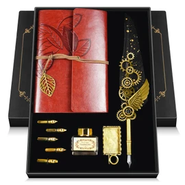 GrnVibe Quill Pen and Ink Set Antique Calligraphy Pen Set with Feather Pen,Leather Notebook for Writing,5 Replaceable Nibs,Pen Holder,Ink,Calligraphy Pens for Beginners Vintage Decor Gift Set