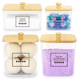 PLOSIF 4 Pack Clear Laundry Pods Container & Dryer Sheet Holder, Plastic Square Laundry Room Organization and Storage Jars with Lids, Scoops & Labels for Detergent