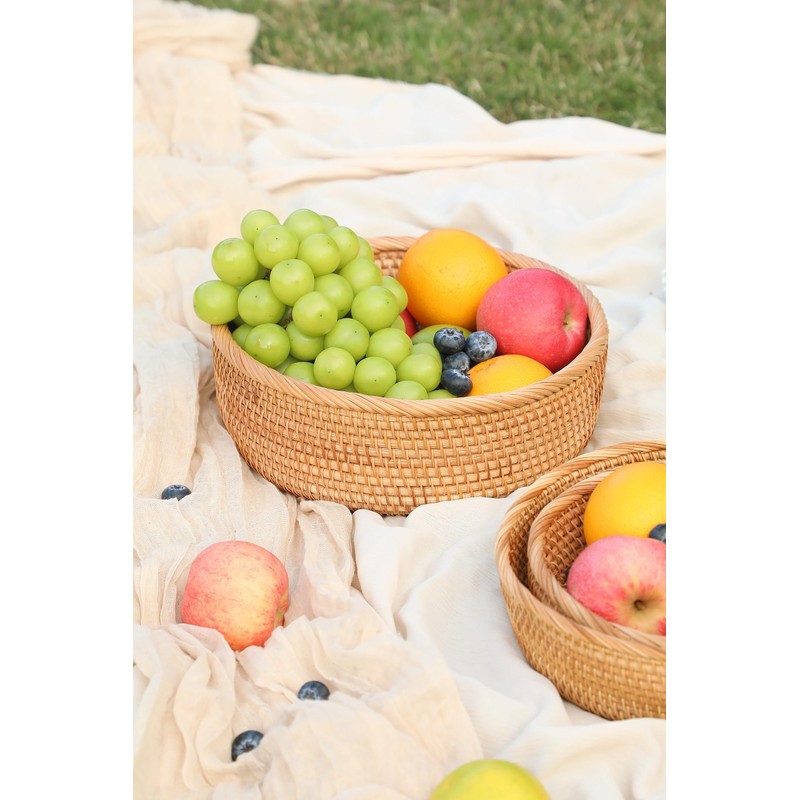 HITOMEN Handmade Rattan Bread Baskets Round Wicker Fruit Serving Storage