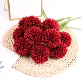 Tifuly Artificial Chrysanthemum Ball Flowers -12 pcs Faux Mums Fake Silk Flowers for Bridal Wedding Centerpieces Arrangements Party Home Garden DIY Decor (Burgundy Red)