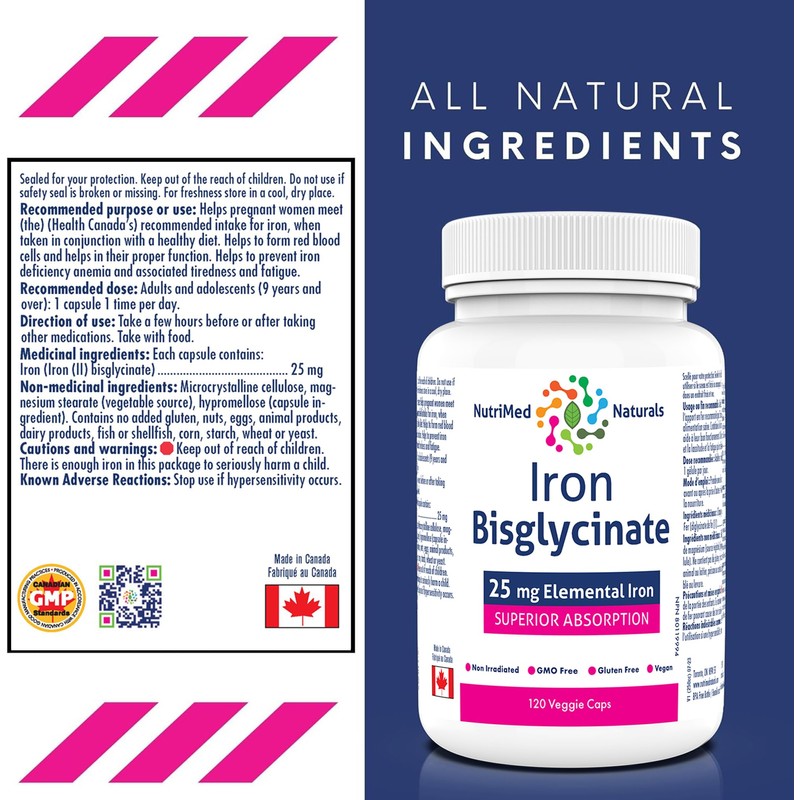 Iron Bisglycinate Iron Supplement 120 Caps - 25mg Elemental Iron