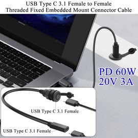 QIANRENON 10Gbps USB C Female to Female Threaded Fixed Mount Waterproof Short Cable USB Type C 3.1 Embedded Bulkhead Mount Connector Adapter Cable PD 60W 4K@60Hz, for Furniture/Car/RV, 30cm/11.8in
