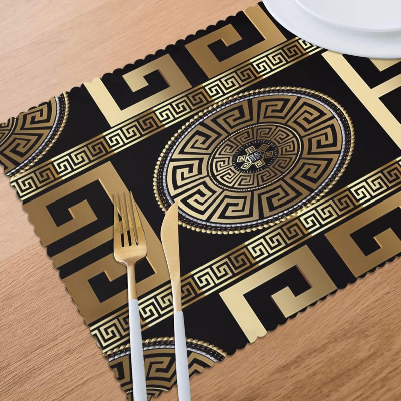 Retro Black Gold Greek Key Meander Luxury Placemats for Dining