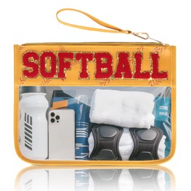Softball Gifts Makeup Bag, Softball Stuff Accessories, Portable Toiletry Storage Bag with Chenille Letter Clear Zipper Toiletry Pouch