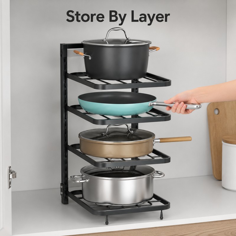 4-Tier Adjustable Pot Rack Organizer – Metal Kitchen Cabinet Shelf