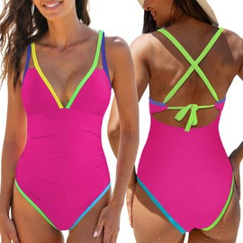 AUTOWT Bañador de Una Pieza para Mujer, Traje de Baño con Bloques Color, Control Abdomen y Fruncido, Sujetador Incorporado y Escote Halter en V Profundo para Surf Buceo Natación Vacaciones