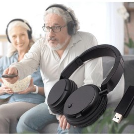 queemie Bluetooth Wireless Headphones with FM Radio, Ultra Lightweight Wireless Over-Ear Headphones for TV, No Audio Delay with Strong Bass, Wireless Headset for Seniors (Black)