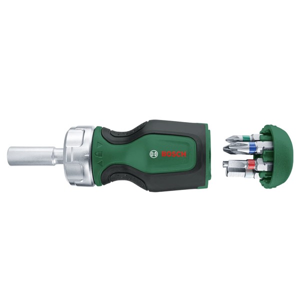 Bosch Home and Garden Stubby Ratchet Screwdriver with 6 Bits (Compact High-Torque Ratchet Screwdriver for Powerful Fastening; 6 Bits Included; Ergonomic; Magnetic Bit Holder)