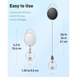 Uniclife 2 Pack Retractable Badge Reel for Badge Holder Heavy Duty Retractable Keychain Strong ABS Casing with Stainless Steel Spring Coil 61 cm Nylon Rope Carabiner Clip and Key Ring White & Black