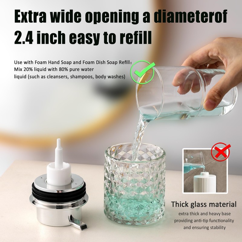 Malachi Foaming Hand Soap Dispenser, Refillable Clear Glass Pump Bottles
