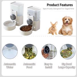 Hanging Automatic Pet Feeder Water Dispenser Set, 35oz Rabbit Food Bowl Water Bottle Cage-Mounted Gravity Hanging Feeder for Small Pets Rabbits Ferrets Cats Dogs Guinea Pigs (Grey)