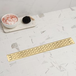 Sharp-tec Shower Drain, 24 inch Linear Shower Drain, Gold 304 Stainless Steel Rectangular Shower Floor Drain with Adjustable Leveling Feet, Hair Strainer, cUPC Certified, ST-096-24G