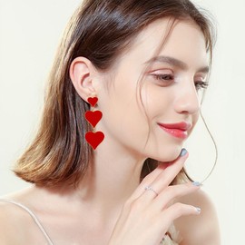 Vavhoo Three Red Heart Earrings for Women Love Dangle Drop Earrings for Mom Jewelry Gift Mothers Day Valentines Day (Red)