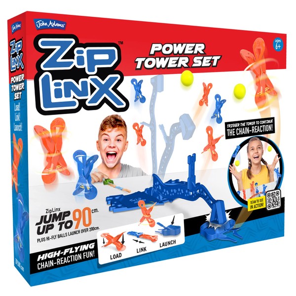 John Adams | ZipLinx - Power Tower Set: high-flying chain-reaction fun! | Jumping Domino Action | Domino and Tile Games | Ages 6+,Red