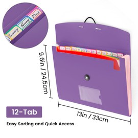 13 Pocket Accordion File Organizer with Elastic Closure, Expanding File Folder for Letter Size A4 Papers, Ideal for Home, Office Supplies, College Essentials - Purple