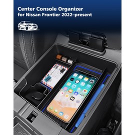 FIILINES - Organizador de consola central con alfombrillas antideslizantes para Nissan Frontier 2022-2025, bandeja de consola secundaria reposabrazos caja de almacenamiento ABS con alfombrillas negras