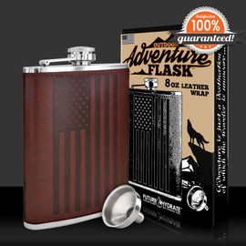 American Flag Flask - 8 oz Premium Soft Touch Leather Wrap | 18/8 304 Highest Food Grade Stainless Steel | Leak Proof Slim Hip Flasks | Classic American Flag Design | Bonus Funnel