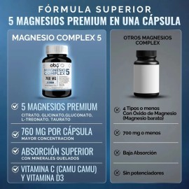 Oby Magnesio Complex 5: Citrato, Glicinato, Treonato, Taurato, Gluconato | Sin oxido | Minerales Quelados polvo, Camu Camu y D3 | Magnesium Complejo C