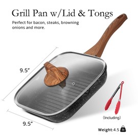 ESLITE LIFE 9.5 Inch Nonstick Grill Pan with Lid for Indoor Cooking, Versatile Induction Square Large Grilling Skillet Steak Pan for Stove Tops, PTFE & PFOA Free, Black