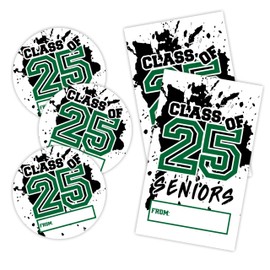 Graduation Sticker Set - Class of 2025-40 Self Adhesive Labels, Round & Tag Shaped, Each 20 Pcs for Gift Wrapping, Envelopes, Yearbook - Boys Girls Party Supplies（Green）- F03
