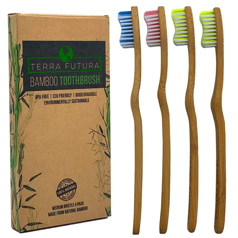 Terra Futura Bamboo Toothbrush 4 Pack, Ergonomic Toothbrush. Eco Friendly,