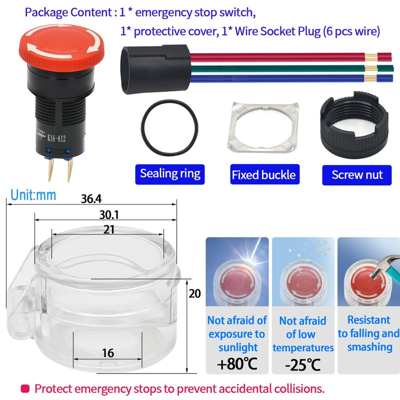 Mini Emergency Stop Push Button Switch 5/8" Hole 16mm 2