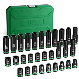 SK 1/2" Drive Impact Socket Set, 30-Piece Metric Sockets, Deep 10mm to 24mm, Shallow 8mm to 24mm, Premium CR-MO Steel, SureGrip 6 Point Design, With Storage Case