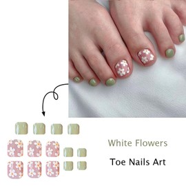 Spring Summer Press on Toenails Short Square Glue on Toenails Green Artificial Fake Toenails Flowers Stick on Toenails Full Cover False Toenails Reusable Acrylic Toenails Kit for Women Girl 24Pcs