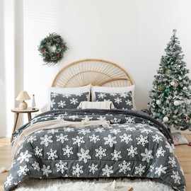 JANZAA Christmas Bedding Full Size Comforter Sets Velvet Dark Grey Comforter Set with White Snowflake Stereoscopic 3 Pieces Full Size Bedding Sets Soft and Fluffy