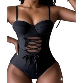 MGGMOKAY Tummy Control Swimsuits for Women Slimming One Piece Bathing Suit Cross Back Self Adjustable Tie Padded Swimwear,Black,S