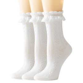 SEMOHOLLI Women Ruffle Socks for mid-calf, Fashion Girls Princess Socks Cotton Socks (3 Pairs-white)
