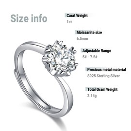 Light Mark 1 Carat Moissanite Adjustable Engagement Ring Wedding Promise 925 Sterling Silver Solitaire Rings for Women (5#-7.5#) -Snow Flower