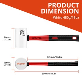 GETLITOOL Rubber Mallet Hammer 16oz, Non-Marking White Rubber Hammer ⌀=55mm with Two Sides, Rubber Mallet with Non-Slip Fiberglass Handle for Camping, Flooring/Tiles Install, Woodworking