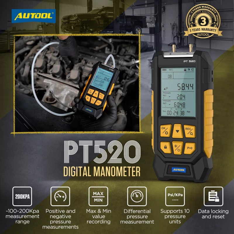 AUTOOL Portable Digital Manometer Dual Port Air Vacuum Pressure Gauge