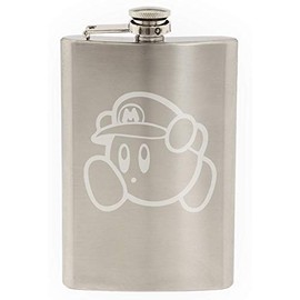 Kirby With Mario Hat Video Game Inspired 8 OZ Hand-made Etched Stainless Steel Hip Flask with Funnel