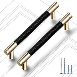 Gutuwellea 2 Pack 5 Inch 128 mm Knurled Cabinet Handles Cabinet Pulls Aluminum Handles Knurled Drawer Pulls Gold and Black Oxidation Finish with Diamond Pattern 6.2" Length ( 5" Hole Center)