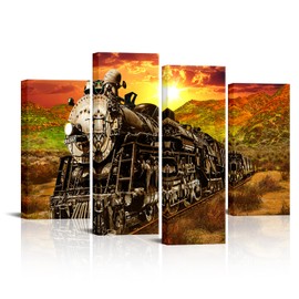 RnnJoile Train Canvas Wall Art Vintage Steam Train Coal Burning Locomotive Picture Print Old Train Artwork for Wall Decor Large Framed