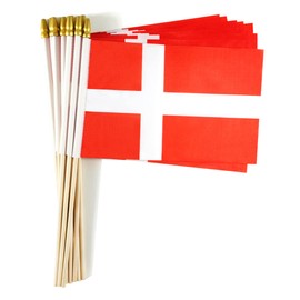 QQSD Denmark Small Flag Danish Dane Stick Mini Hand Held Flags - Solid Wooden Pole with Spear Top, 12 Pack