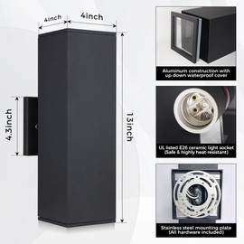 Cerdeco 2 Pack Aluminum Modern Outdoor Wall Light, 13" Exterior Up Down Light Fixtures,Black Front Door Wall Lighting with E26 Sockets [ETL Listed]