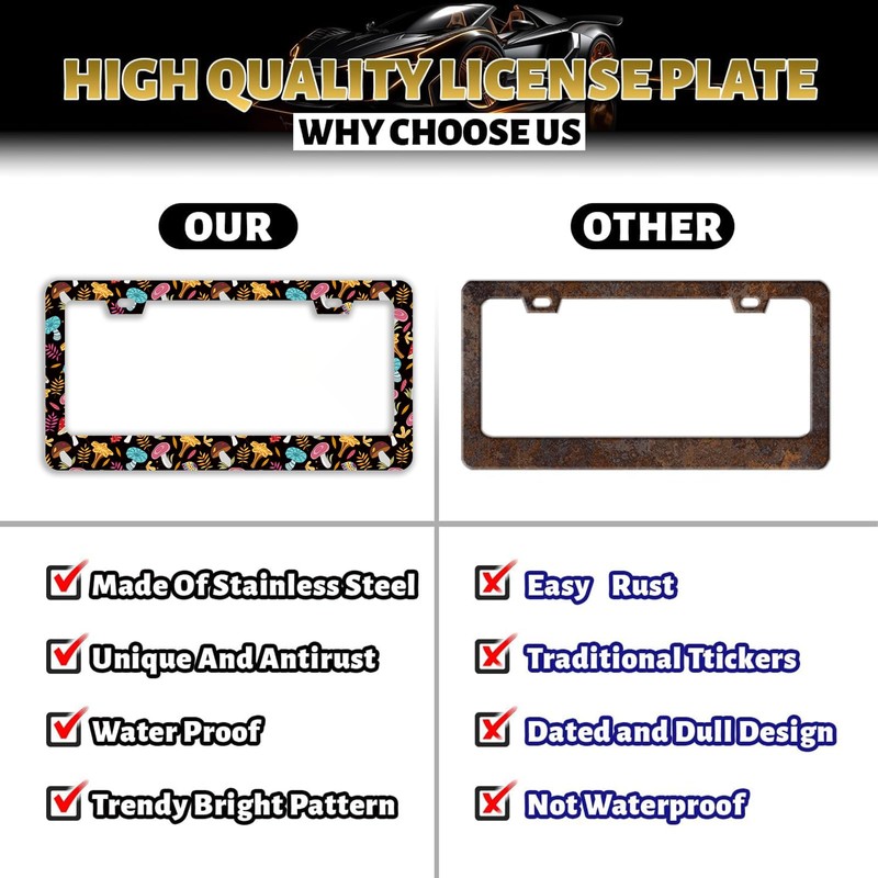 Funny Cute Mushroom License Plate Frame Stainless Steel Metal Auto