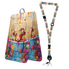 bolimoss Highland Cow Lanyards for ID Badges, Leather Badges Holder with Double Sided Windows, Cute Adjustable Lanyard with Retractable Reel, Quick-Release Buckles Breakaway Neck Lanyards