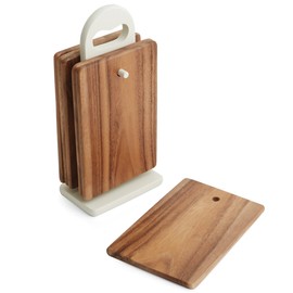 6 Acacia Serving Trays with White Stand, Perfect for Serving, Sushi, Cheese, Hors D'Oeuvre, Charcuterie, Sandwiches by Woodard & Charles, 7 Piece Set, 9" x 6"