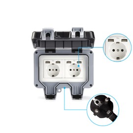 AYYDS Outdoor Socket with USB Connection IP66 Weatherproof, Garden Socket Surface-Mounted Protective Contact for Indoor and Outdoor Use with Hinged Lid