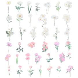 PATIKIL Transparent Flower Vinyl Stickers, 80 Sheet Waterproof PET Flowers Decals Floral Stickers for Scrapbook Journaling Crafts DIY Water Bottles, Green & Pink